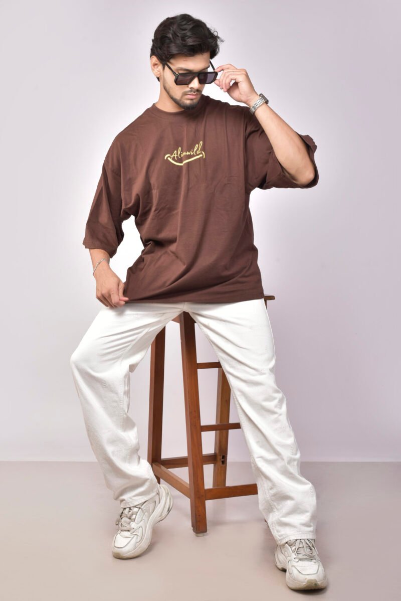Alienwild – Born Happy Oversized T-Shirt | Bold Streetwear Drop, 100% Supreme Cotton, Coffee Brown - Image 3
