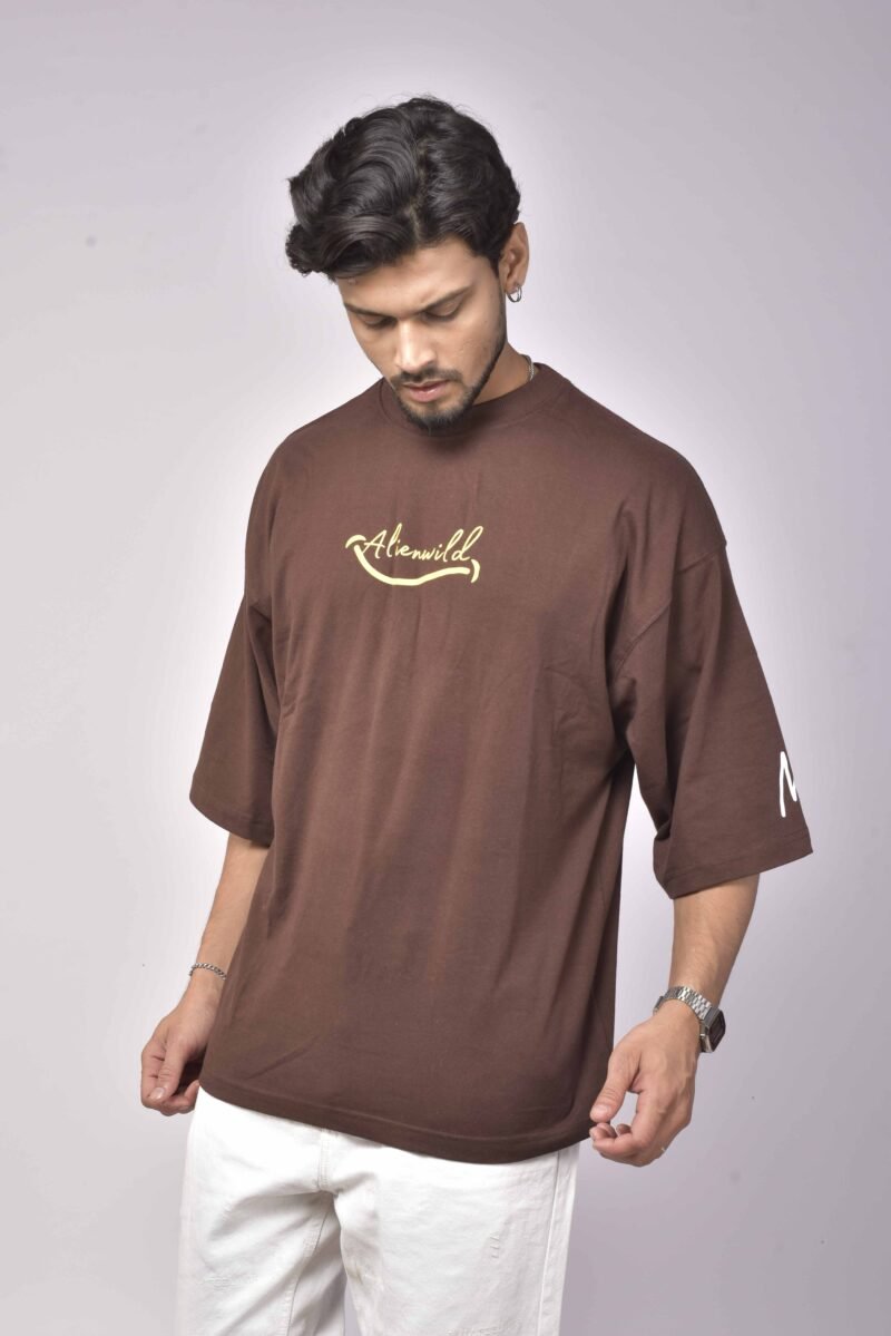 Alienwild – Born Happy Oversized T-Shirt | Bold Streetwear Drop, 100% Supreme Cotton, Coffee Brown - Image 2