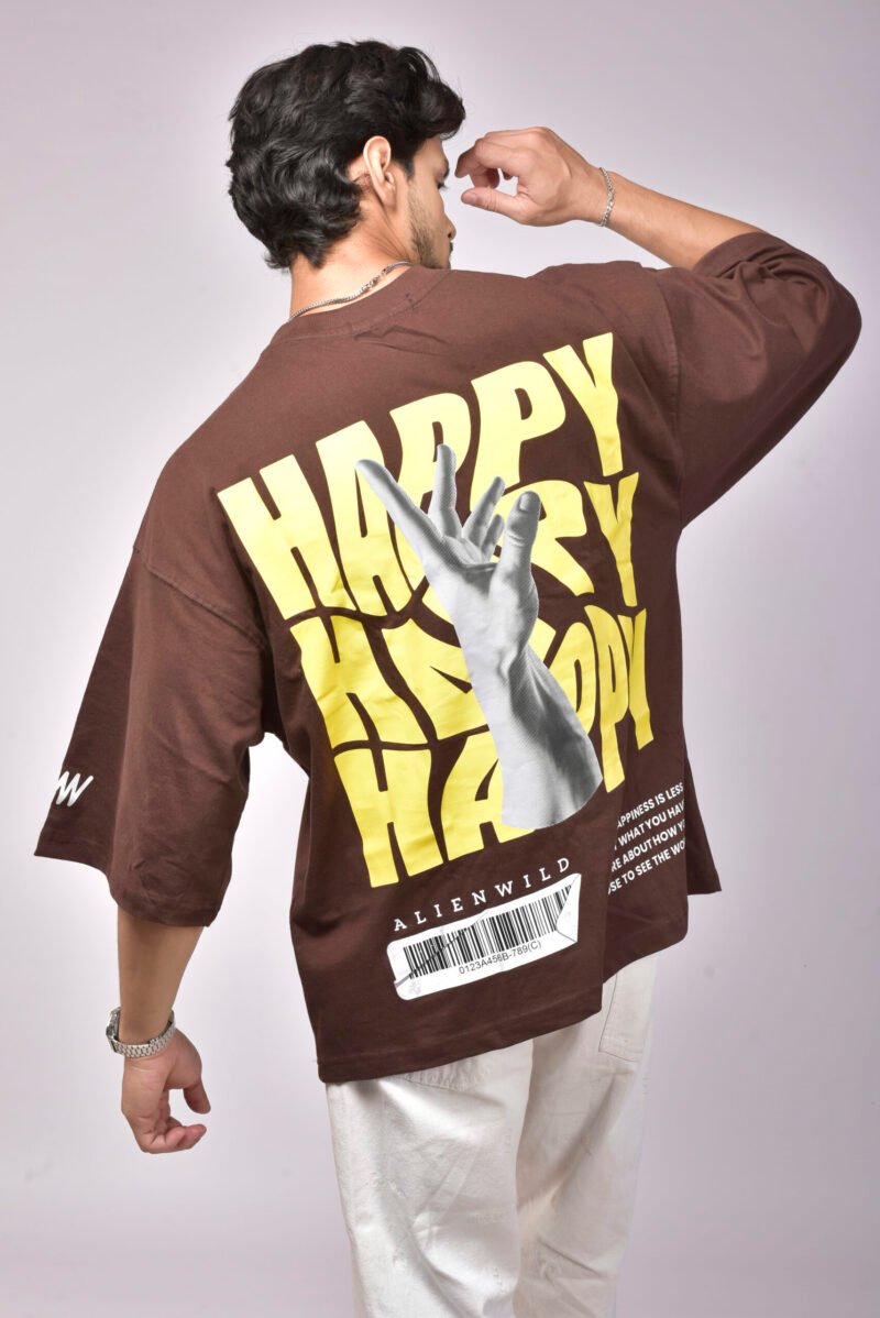 Alienwild – Born Happy Oversized T-Shirt | Bold Streetwear Drop, 100% Supreme Cotton, Coffee Brown - Image 4