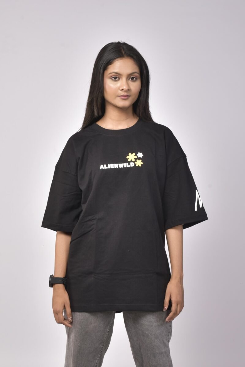 Alienwild – Eternal Bloom Oversized T-Shirt | Nature’s Mood in Motion, 100% Supreme Cotton, Midnight Black - Image 2