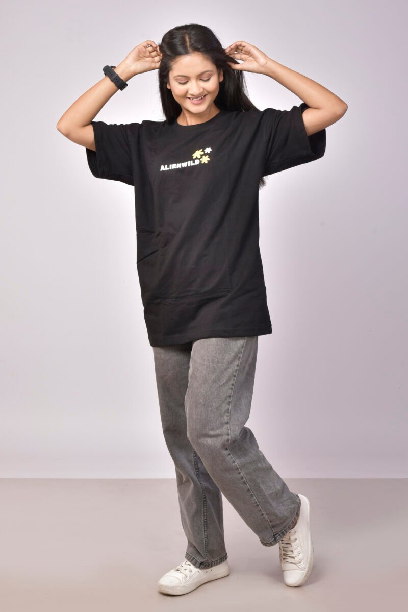 Alienwild – Eternal Bloom Oversized T-Shirt | Nature’s Mood in Motion, 100% Supreme Cotton, Midnight Black - Image 3