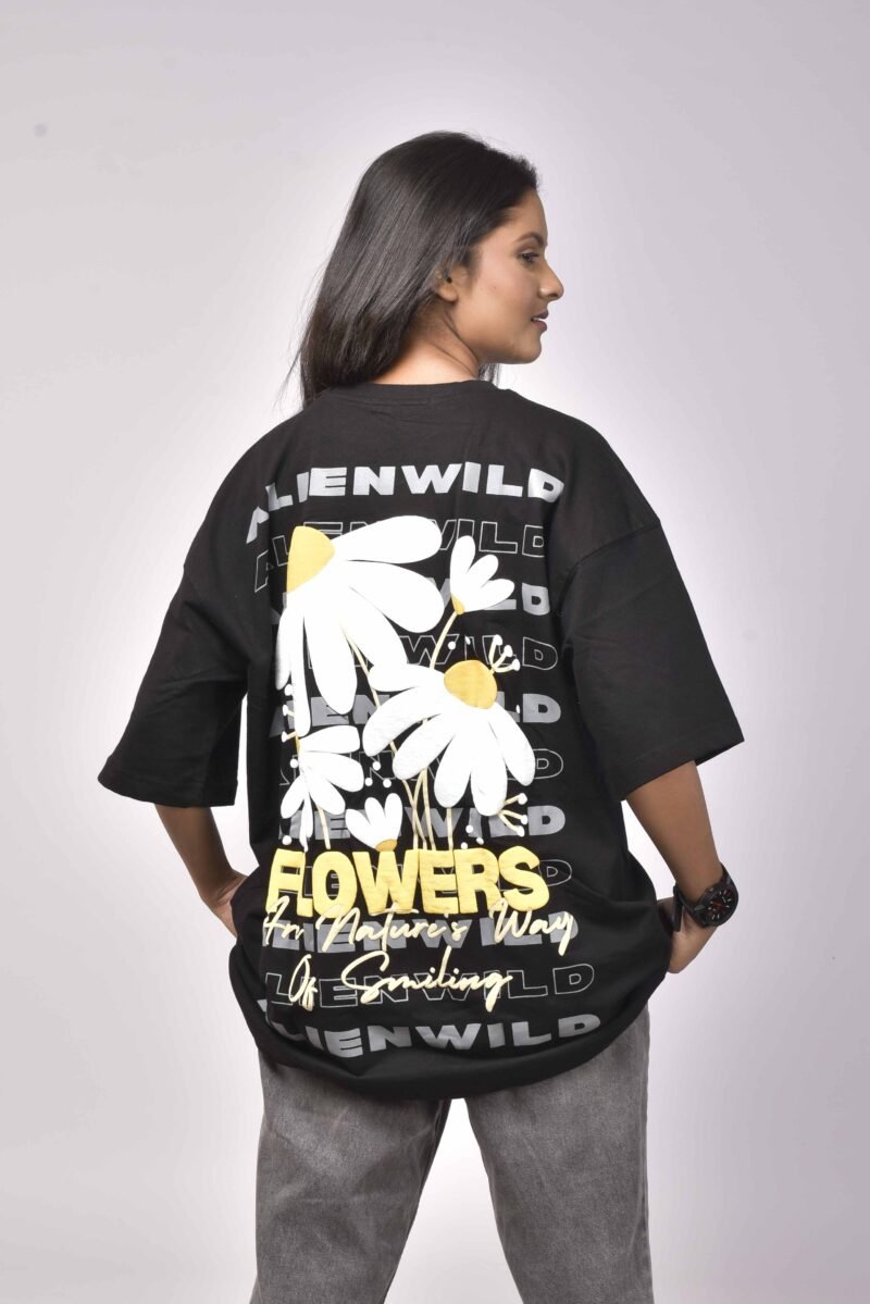 Alienwild – Eternal Bloom Oversized T-Shirt | Nature’s Mood in Motion, 100% Supreme Cotton, Midnight Black