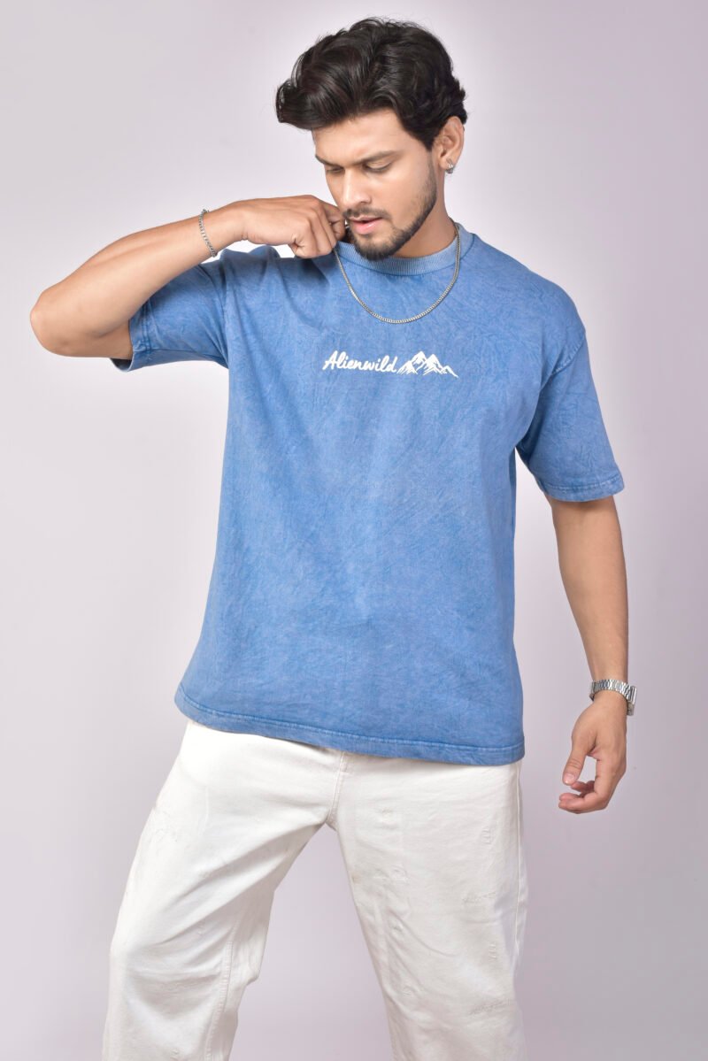 Alienwild – Moon Over Mountains Oversized T-Shirt | Acid Wash Denim Blue, 100% Supreme Cotton - Image 2