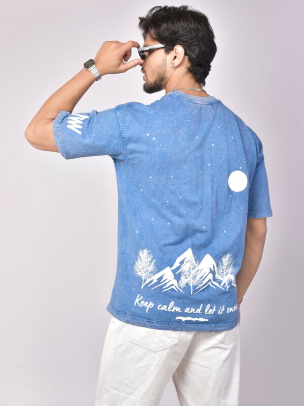 Alienwild – Moon Over Mountains Oversized T-Shirt | Acid Wash Denim Blue, 100% Supreme Cotton