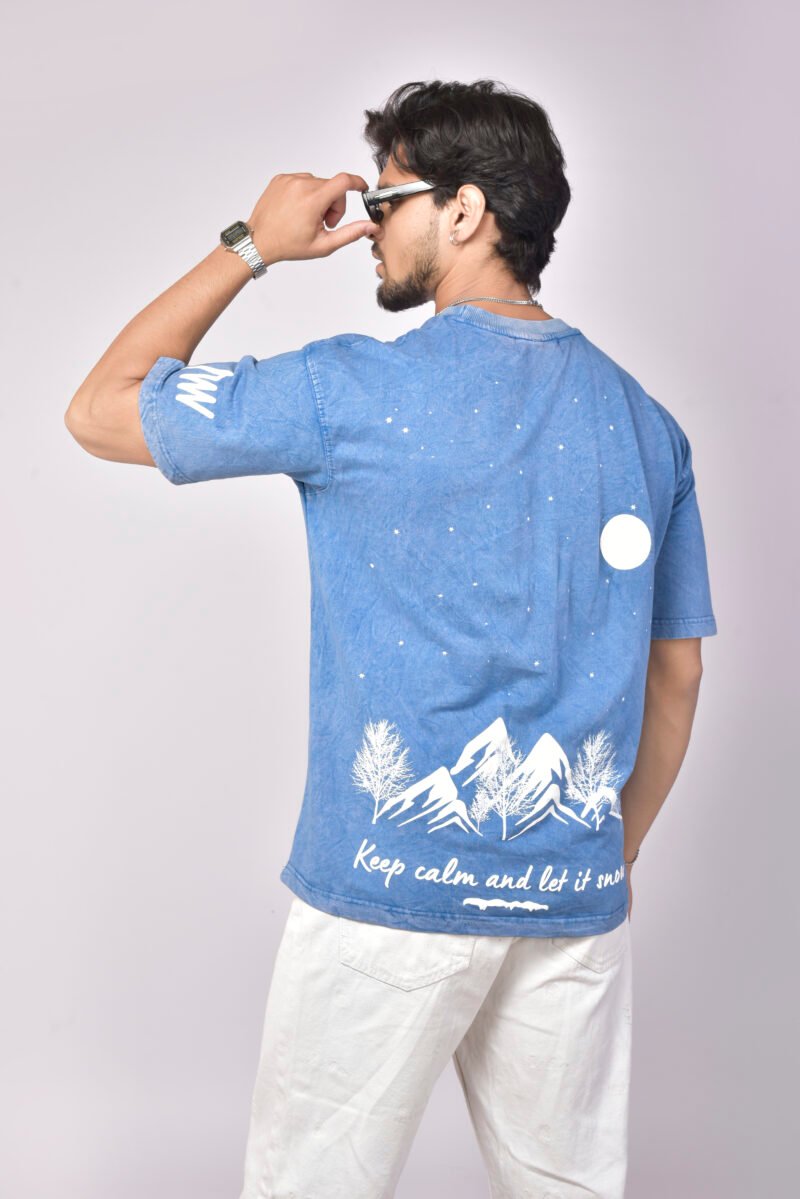 Alienwild – Moon Over Mountains Oversized T-Shirt | Acid Wash Denim Blue, 100% Supreme Cotton
