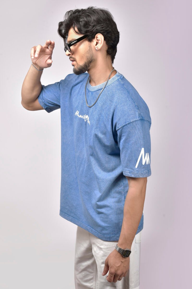 Alienwild – Moon Over Mountains Oversized T-Shirt | Acid Wash Denim Blue, 100% Supreme Cotton - Image 5